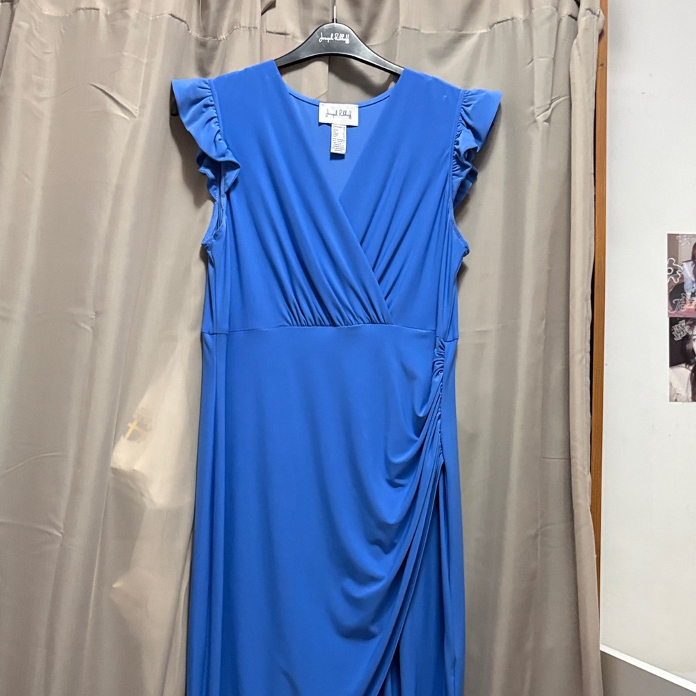 Joseph Ribkoff Cobalt Blue Faux-Wrap Maxi Dress with Ruffle Sleeves